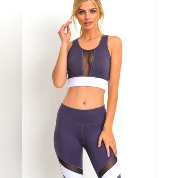 SET OF TWO WORK HARD PLAY HARD Sports Bras Dark Violet and Green - Picture 2 of 10